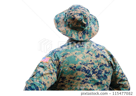 American soldier in a tactical panama view from the back. Chevron with the American flag on the sleeve of a green pixelated military uniform 115477082
