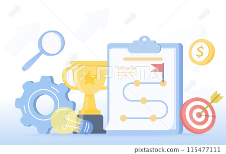 Business ideas and startup concept. Business strategy planning, tactical management, competition, opportunity and goals to achieve success. Flat vector design illustration. Business ideas and startup concept. Business strategy planning, tactical management, competition, opportunity and goals to achieve success. Flat vector design illustration. 115477111