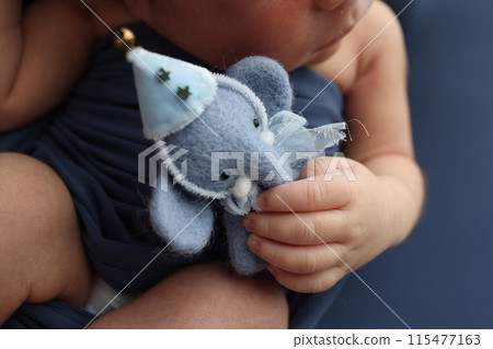 Newborn hands hold a small toy blue elephant. Close-up of a small hand of a child. Rough baby skin. The concept of education, child care and healthcare. Professional macro photo. Newborn hands hold a small toy blue elephant. Close-up of a small hand of a child. Rough baby skin. The concept of education, child care and healthcare. Professional macro photo. 115477163