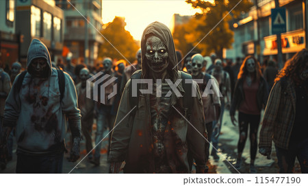 Selective focus of Zombies are walking on the city streets. 115477190