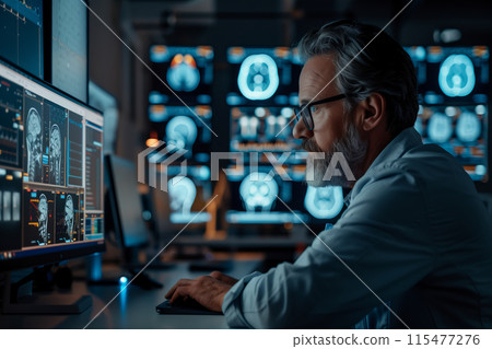 Middle-aged doctor checking brain x-ray results on a monitor at hospital. Middle-aged doctor checking brain x-ray results on a monitor at hospital. 115477276
