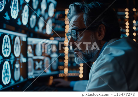 Middle-aged doctor checking brain x-ray results on a monitor at hospital. 115477278