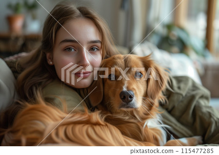 Caucasian woman is sitting on the sofa with her dog in the living room. Caucasian woman is sitting on the sofa with her dog in the living room. 115477285