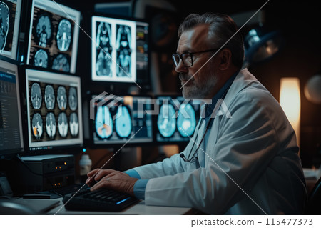 Middle-aged doctor checking brain x-ray results on a monitor at hospital. 115477373