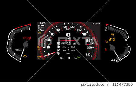 Car dashboard speed meter technology design modern futuristic on black background vector illustration. Car dashboard speed meter technology design modern futuristic on black background vector illustration. 115477399