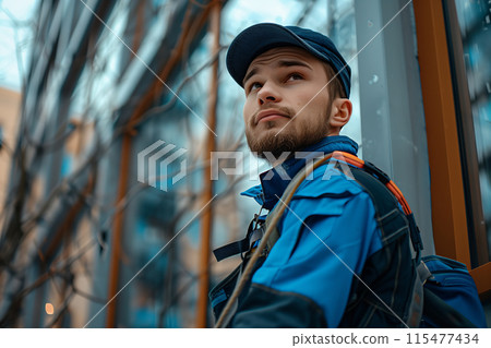 Caucasian male employee cleaning windows outside building. 115477434