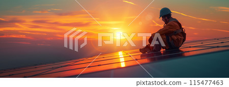 A technician is installing solar panels at a photovoltaic power station. A technician is installing solar panels at a photovoltaic power station. 115477463