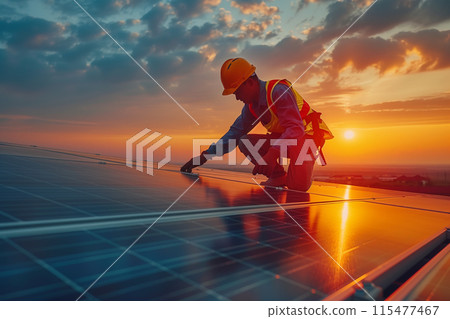 A technician is installing solar panels at a photovoltaic power station. 115477467