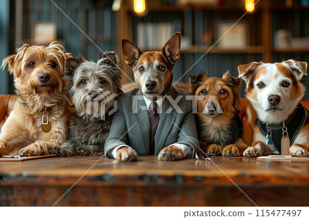 A group of dogs in business clothes are meeting in the office. A group of dogs in business clothes are meeting in the office. 115477497