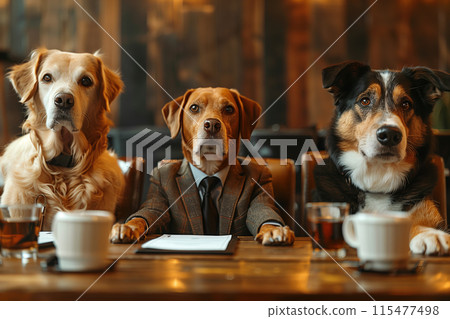 A group of dogs in business clothes are meeting in the office. A group of dogs in business clothes are meeting in the office. 115477498