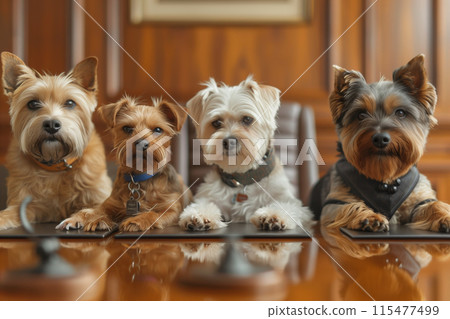 A group of dogs in business clothes are meeting in the office. A group of dogs in business clothes are meeting in the office. 115477499