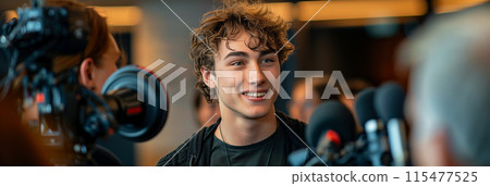 Young Caucasian male businessman being interviewed by a reporter. 115477525