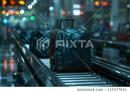 Selective focus of A conveyor belt is transporting suitcases in the airport. 115477641
