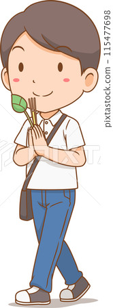 Cartoon man with candle incenses and lotus flower walking in the circumambulation ceremony. 115477698