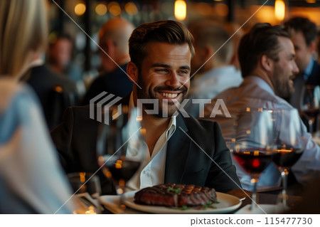 Selective focus of Group of Caucasian businessmen eating steak in restaurant. 115477730