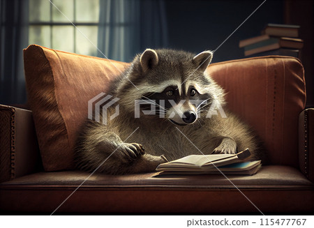 A raccoon lying on the couch reading a book A raccoon lying on the couch reading a book 115477767