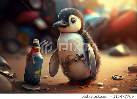 Environmental pollution. Sad cute little penguin. 115477769