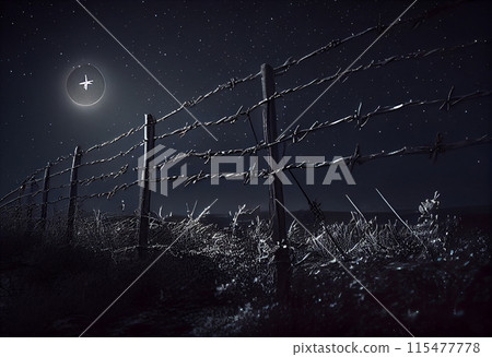 barbed wire fence on a moonlit night with the stars 115477778