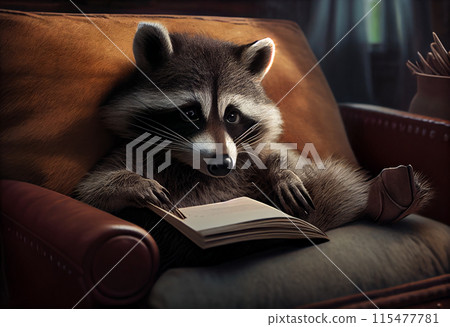 A raccoon lying on the couch reading a book 115477781
