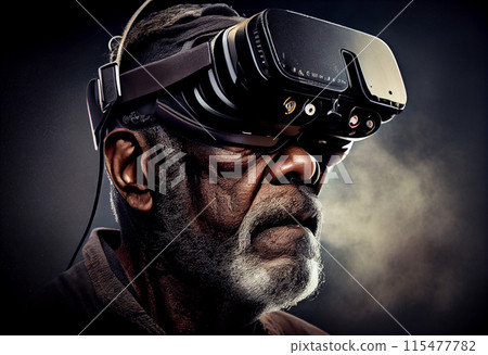 Fictional portrait of a grandfather in a futuristic cyberpunk style with a cyber headset. A high-tech man from the future. The concept of virtual reality and cyberpunk. 3D render. 3D Illustration 115477782