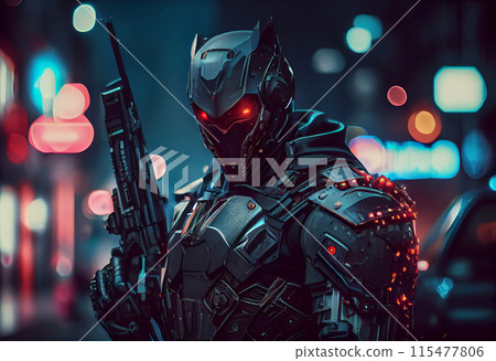 A robotic soldier against the backdrop of the city of the future A robotic soldier against the backdrop of the city of the future 115477806