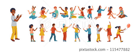Diverse group of kids playing happily together in colorful outfits 115477882