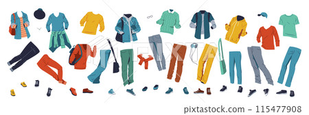 Colorful clothes and accessories neatly arranged on a white background Colorful clothes and accessories neatly arranged on a white background 115477908