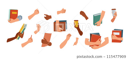 Multiracial hands holding, pointing, hugging, giving books  coffee cup 115477909