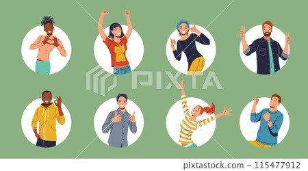 Avatars of diverse people showing various positive emotions in a fun and friendly manner 115477912