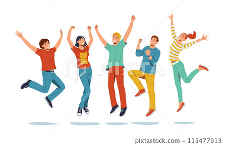 Vibrant Image of a Group of Cheerful Young People Jumping in the Air with Joy and Excitement Vibrant Image of a Group of Cheerful Young People Jumping in the Air with Joy and Excitement 115477913