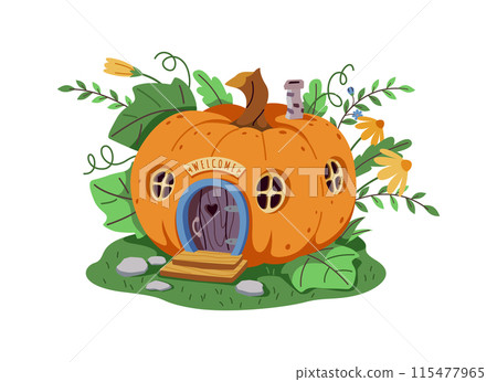 Magical cartoon gnome or fairy house made of orange large pumpkin. Magical cartoon gnome or fairy house made of orange large pumpkin. 115477965