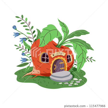 Magical cartoon house of a gnome or fairy made of big red radishes or turnips 115477966