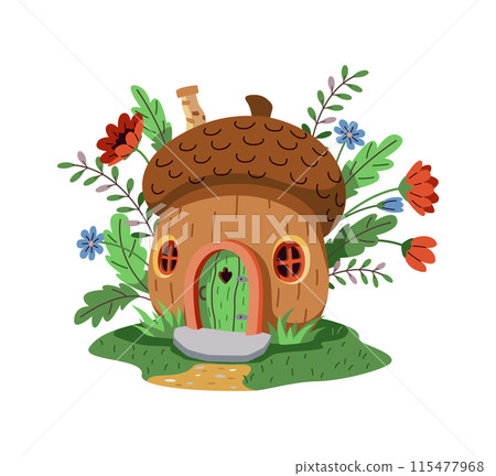 Magical cartoon house of a gnome or fairy made of a large acorn Magical cartoon house of a gnome or fairy made of a large acorn 115477968