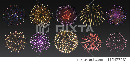 Fireworks in dark sky realistic vector illustration set Fireworks in dark sky realistic vector illustration set 115477981