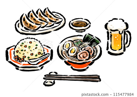 Ramen, fried rice, gyoza and beer brush-touch illustration set Ramen, fried rice, gyoza and beer brush-touch illustration set 115477984