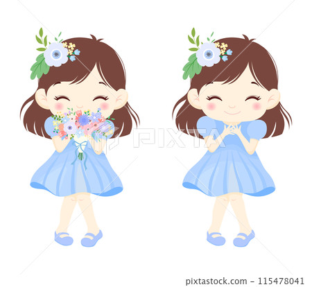 Smiling cute girl wearing a blue dress and a bouquet of flowers on a white background Smiling cute girl wearing a blue dress and a bouquet of flowers on a white background 115478041