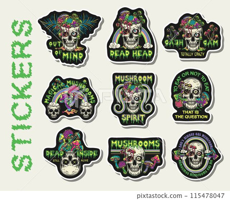 Sticker pack with human skull with fantasy mushrooms, text. Crazy mad skull with single eye and growing through mushrooms. Illustrations on black background. Sticker pack with human skull with fantasy mushrooms, text. Crazy mad skull with single eye and growing through mushrooms. Illustrations on black background. 115478047
