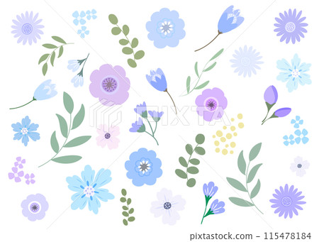 Simple blue and purple flower and leaf plant illustration set Flat design 115478184