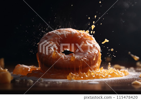 Donut expressive shot with topping and sugar powder splash. Tasty donut food styling image. Generative AI. 115478420