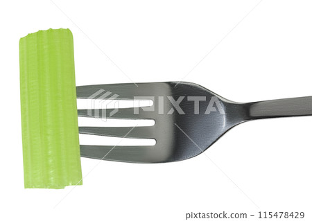 fresh celery on a fork isolated on white background. Top view. Flat lay 115478429