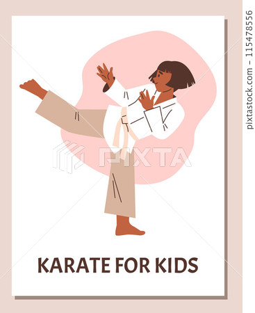 Vector illustration a girl in a karate pose demonstrating martial arts skills in a kimono Vector illustration a girl in a karate pose demonstrating martial arts skills in a kimono 115478556