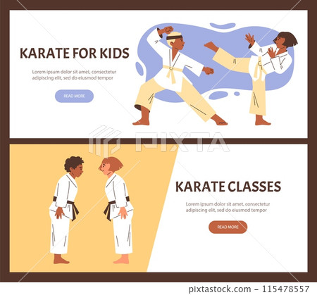 Set vector illustrations boys and girls in a pre-fight bow scene and in fighting poses Set vector illustrations boys and girls in a pre-fight bow scene and in fighting poses 115478557