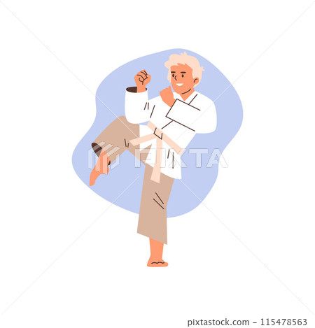 Boy kid wearing kimono and white belt, karate training, vector cute child showing kicking attack pose in martial art Boy kid wearing kimono and white belt, karate training, vector cute child showing kicking attack pose in martial art 115478563