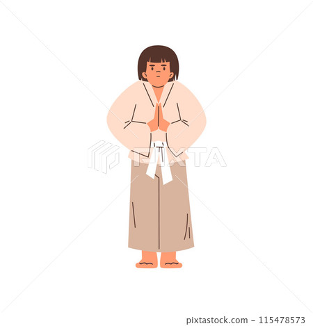 Girl kid wearing kimono and white belt, showing Namaste gesture on karate training practice, vector martial art child 115478573