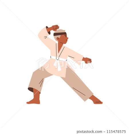 Boy kid wearing kimono and white belt, karate training, vector cute afro child showing kicking attack pose martial art Boy kid wearing kimono and white belt, karate training, vector cute afro child showing kicking attack pose martial art 115478575