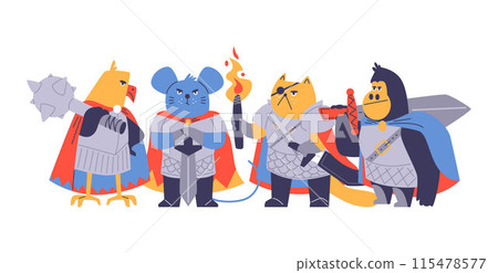 Vector illustration animal warriors: mouse, parrot, cat, gorilla with swords, torches and a mace 115478577