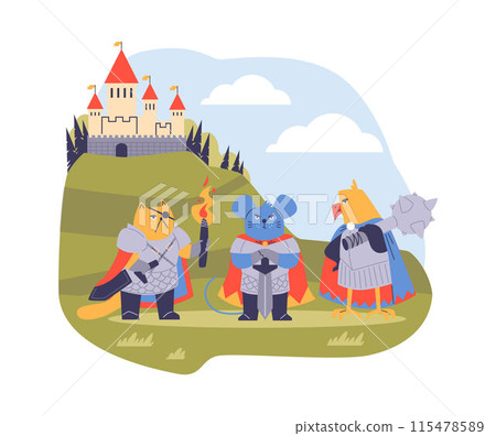 Vector illustration war animals in armor, armed with mace and sword: cat, mouse and parrot 115478589