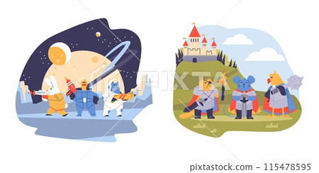Two vector illustrations with scenes of fantastic animal warriors with futuristic weapons and swords Two vector illustrations with scenes of fantastic animal warriors with futuristic weapons and swords 115478595