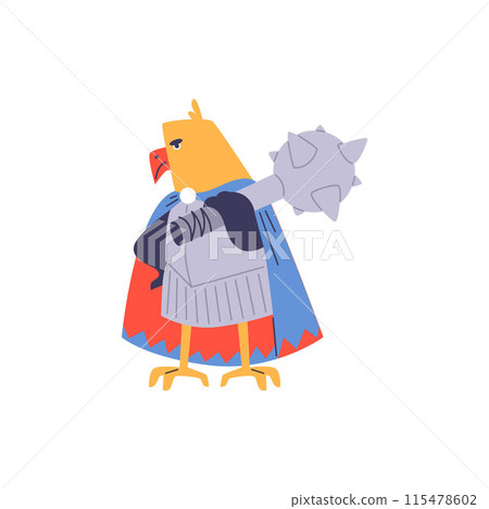 Vector illustration of an animal warrior depicting a yellow eagle in medieval armor. 115478602