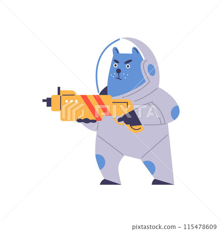 Fantasy blue cat astronaut with a blaster, vector illustration. 115478609